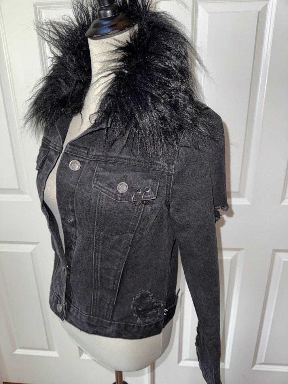 Killstar Grunge Goth Distressed Black Jeans Jacket NWOT - Picture 2 of 6